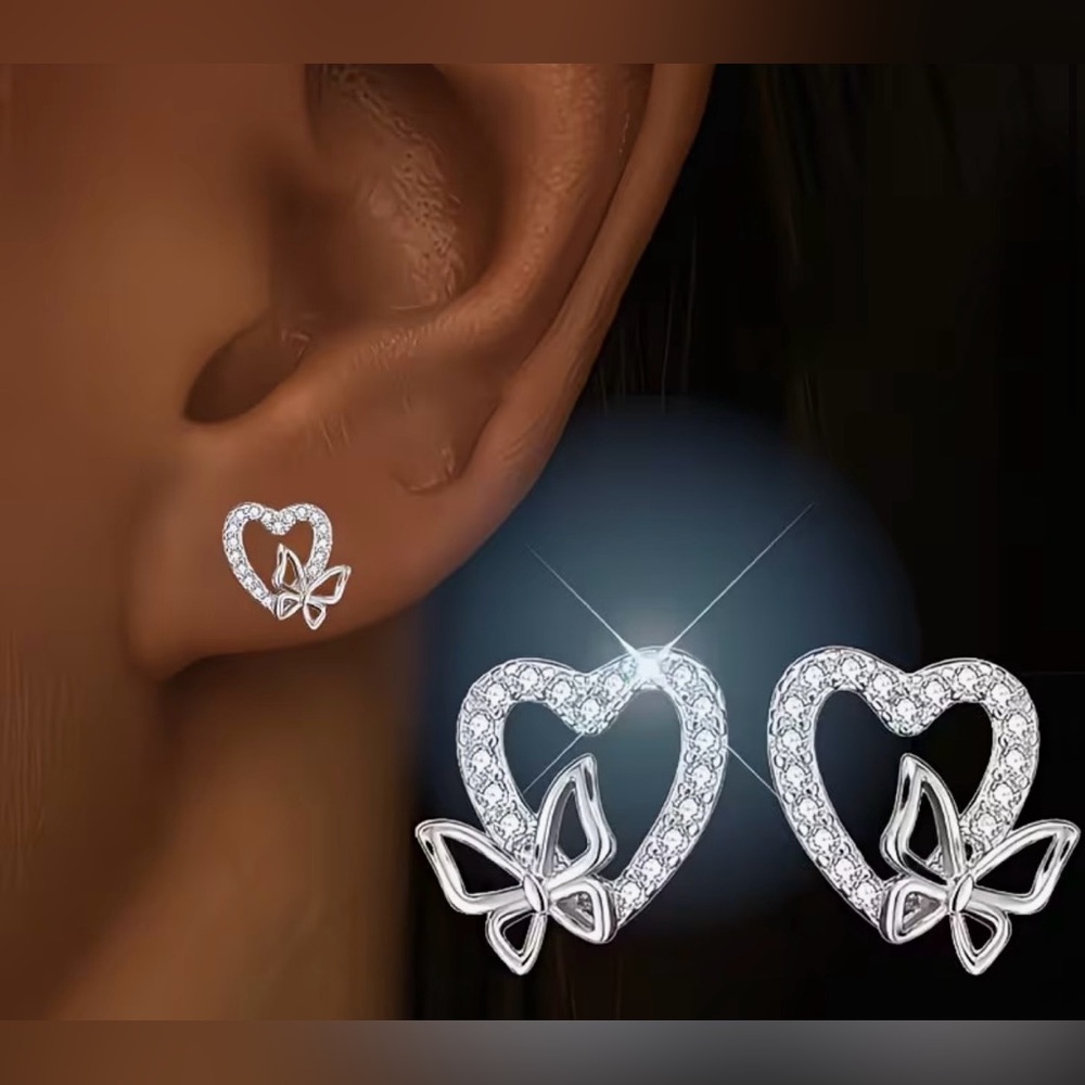 Elegant Silver Heart and Butterfly Earrings
